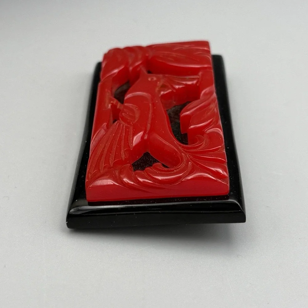 Vintage Carved Red Bakelite Brooch Bird Red Black Laminated Chunky Gorgeous!